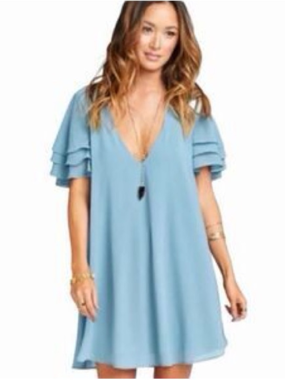 Show Me Your Mumu- light Blue V-Neck Flutter Sleeve Dress